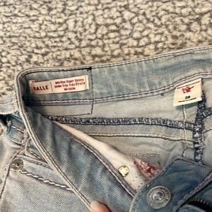 Size 29 True Religion Halle Pink Big T Flap Jeans, 28inch inseam